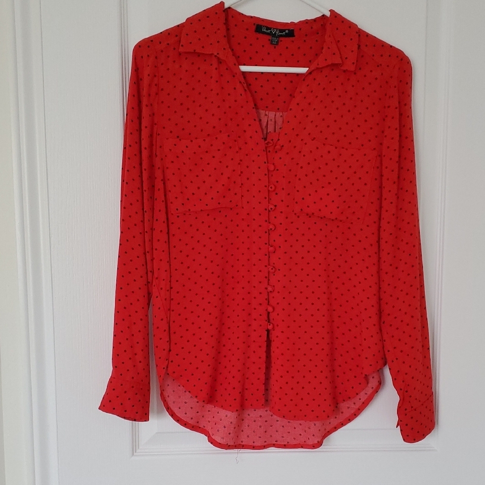 "Velvet Heart"  Red Blouse Black Polka Dot Button Front Size: X Small